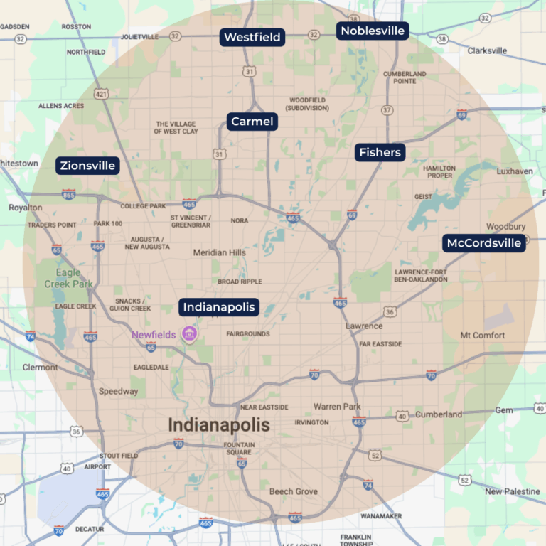 Map showing the service area of Ntegrity Builders, covering Carmel, Fishers, Zionsville, Noblesville, and Indianapolis.