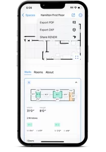 Digital floor plan automatically generated from a Rendr scan showing room layout and dimensions.