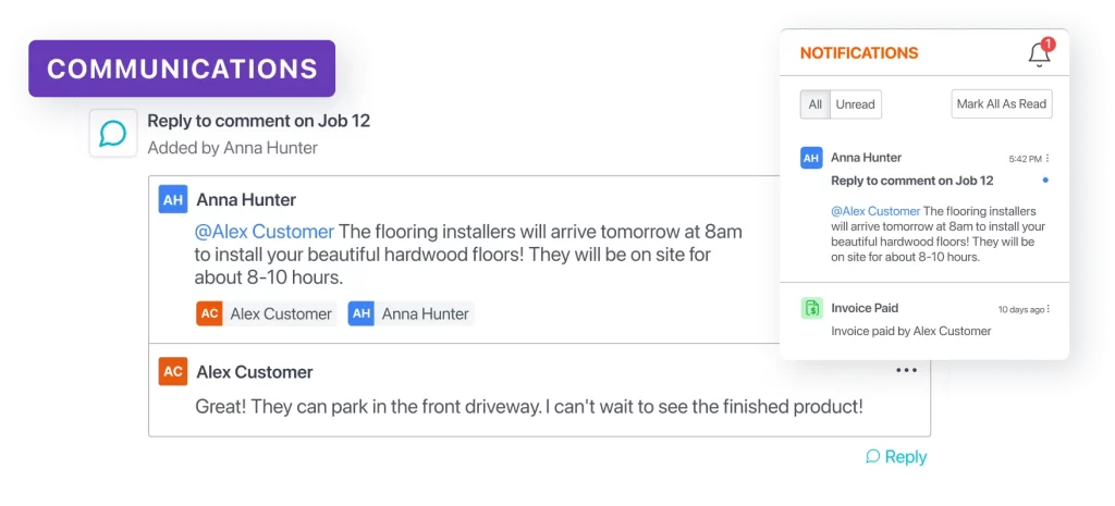 JobTread project communication dashboard showing real-time customer messages and notifications.