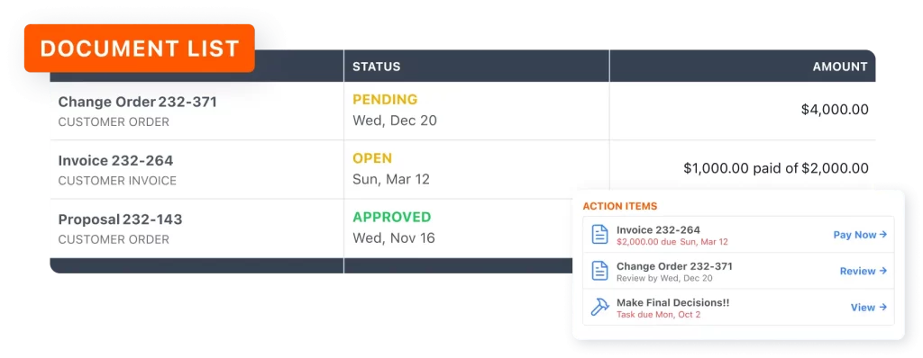 JobTread document list showing customer proposals, invoices, and change orders with real-time status updates.