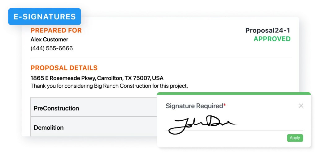 JobTread proposal approval screen showing e-signature section for customer authorization.