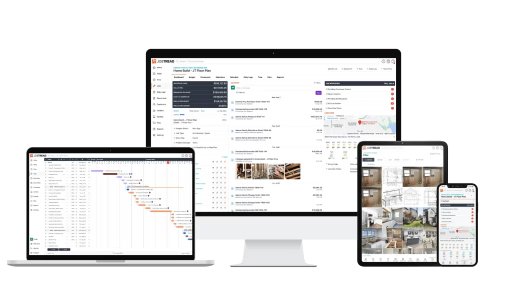 Ntegrity Builders JobTread client portal shown on desktop, tablet, and mobile devices — keeping projects organized, transparent, and on schedule.