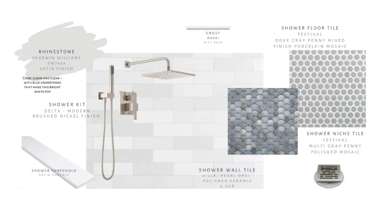 Bathroom remodel selection board with tile, grout, paint, shower fixture, and finish choices