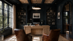 Custom home office with dark blue arched built-ins, warm white oak desk, coffered ceiling, leather chairs, and soft natural light