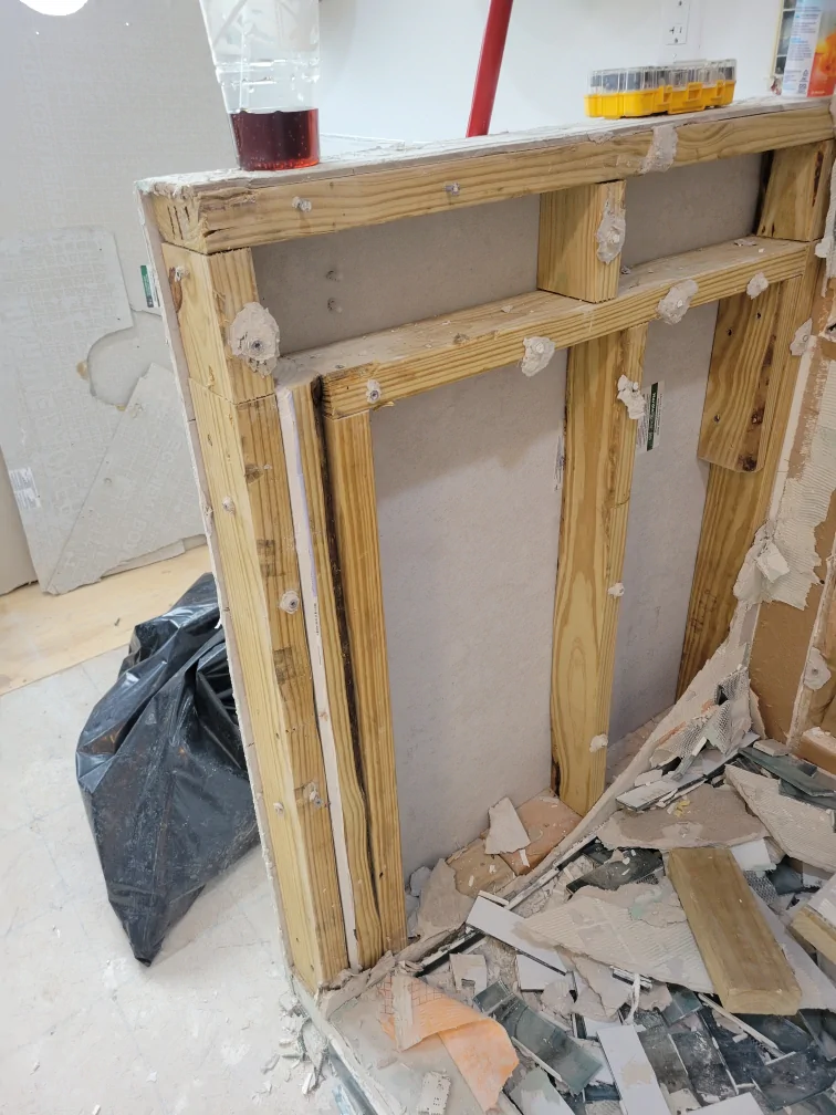 Exposed pony-wall framing during primary bathroom demolition