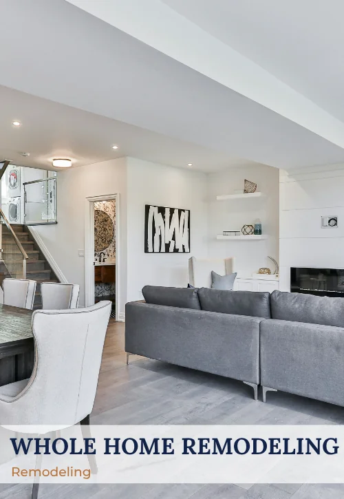 Open-concept whole home remodel with dining area, living room, modern fireplace, recessed lighting, and updated finishes