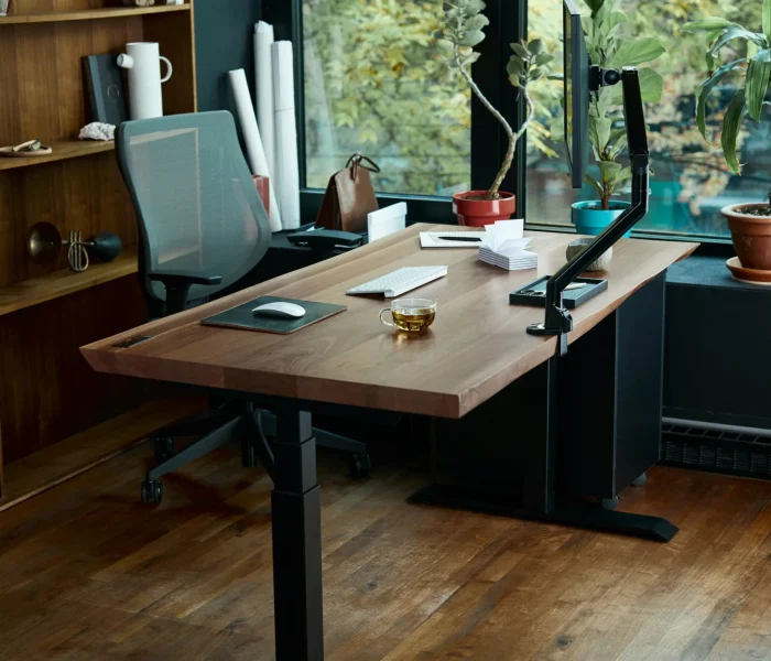 Modern home office with adjustable desk, ergonomic chair, built-in wood shelving, and natural light from large window