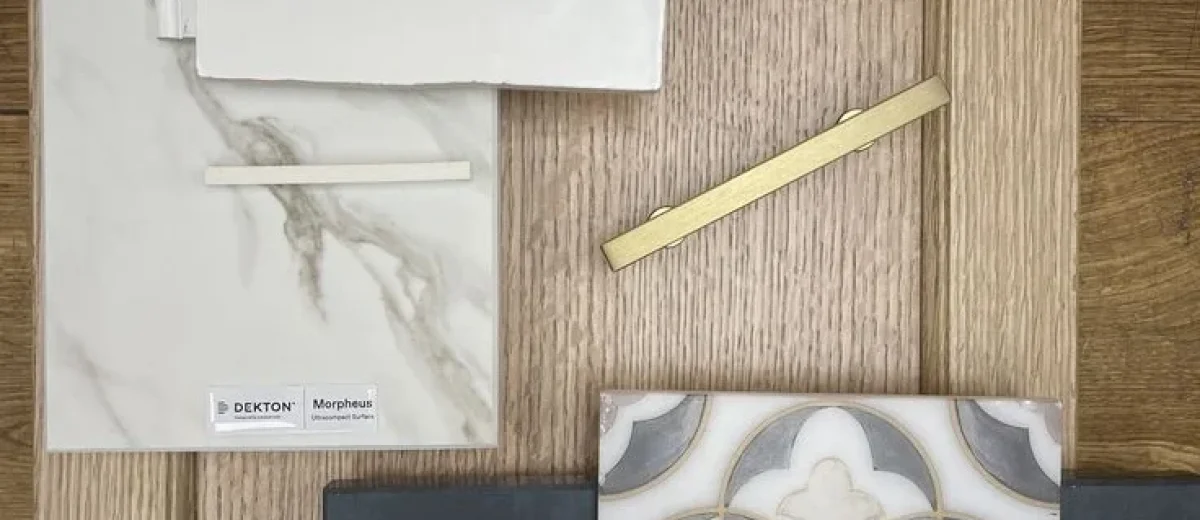 Kitchen remodeling in Central Indiana material selections with countertop, cabinet, tile, and finish samples